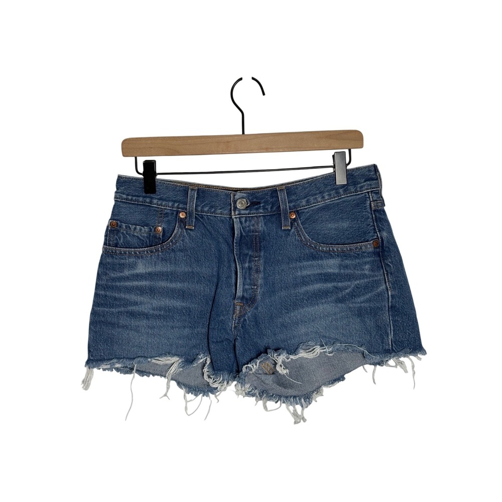 Levis 501 Original High Rise Cut Off Denim Shorts Medium Wash Blue W28